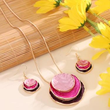 Imagem de Conjunto de joias de esmalte circular de liga de zinco boêmio de três camadas - presente feminino elegante para o dia dos namorados, festa, feriado, inclui colar e brincos, One Size, Metal, Sem Pedra