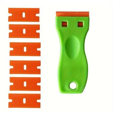 Imagem de Raspador de lâmina de plástico com lâminas de dois gumes para removedor de adesivo, remoção de etiquetas, adesivos, adesivos, adesivos, fita adesiva em janelas de vidro - verde - 1 raspador de 6