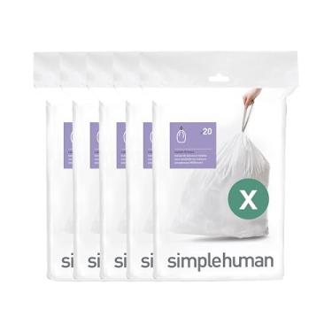Imagem de simplehuman Code X 100 unidades, pacote de dispensador de forros de ajuste personalizado, sacos de lixo com cordão, 80 litros, branco
