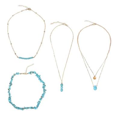 Imagem de 4 peças de joias turquesa para mulheres, colar turquesa ajustável, boêmio, feito à mão, pingente, joias ocidentais para mulheres