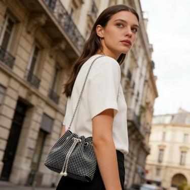 Imagem de Bolsa clutch pequena preta, decoração de strass, linda bolsa tiracolo elegante, bolsa de mão brilhante elegante para mulheres, ocasiões formais, reuniões de negócios e eventos