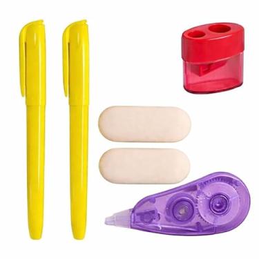 Imagem de Kit Escolar Completo Com Marca-Texto Borrachas Apontador E Corretivo Em Fita – Ideal Para Estudos Escola E Escritório (Rosa Ou Lilás)