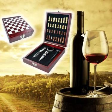 Imagem de Kit Abridor De Vinho 4 Peças Maleta E Jogo Xadrez De Madeira - FULLHOU