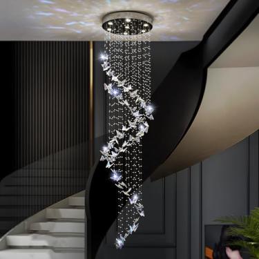 Imagem de Lustres longos para teto alto, lustres modernos de cristal de borboleta para entrada de escada, lustre de teto alto para entrada de escada, lustre de montagem embutida para pendurar luminárias de teto