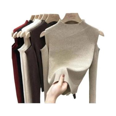 Imagem de Suéter Feminino De Tricô Com Manga Longa E Gola Alta, Pulôver Off-Shou