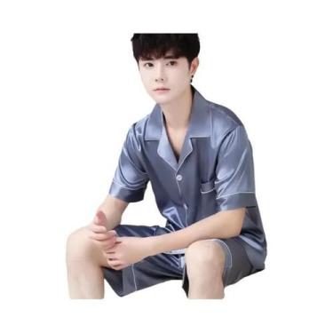 Imagem de Pijama Masculino De Verão Tamanho Grande Em Seda Gelada, Manga Curta, 