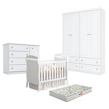Imagem de Quarto De Bebê Americano 4 Portas Com Berço Danny Branco Acetinado Reller E Colchão Gazin - Henn.