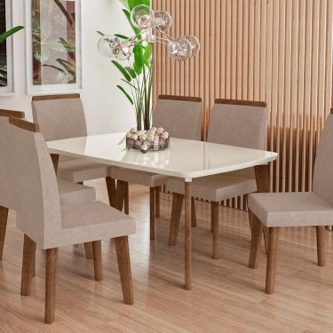 Imagem de Mesa de Jantar Jade 6 Lugares Tampo de 1,70 em Mdf com Vidro Off White e Pés em Madeira Maciça Cinamomo/Off White