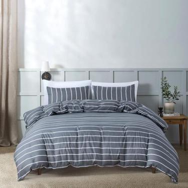 Imagem de Conjunto de Roupa de Cama HSKIKWN Queen 3 Peças Listrado Cinza e Branc