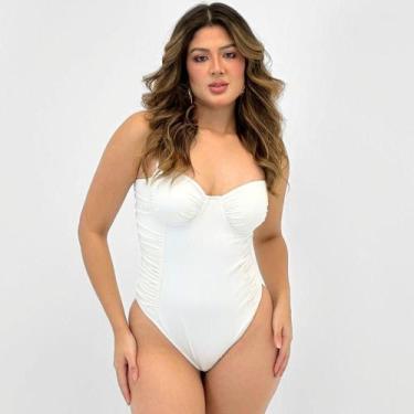 Imagem de Maiô Alto Giro Tanga Drapeado Feminino, G, Off white