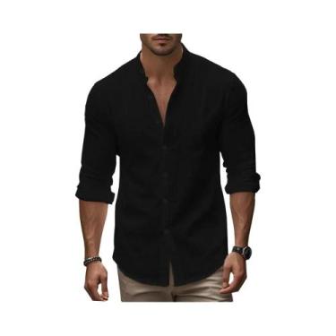 Imagem de Camisa Havaiana Masculina Slim Fit Em Algodão E Linho, Cor Sólida, Res