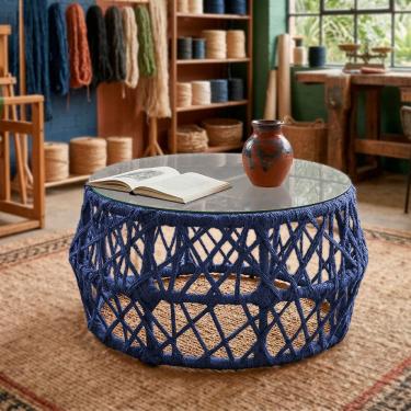 Imagem de Mesa de Centro com Tampo de Vidro em Aço e Corda Náutica Azul Aruá