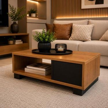 Imagem de Mesa de Centro Moderna 60x40x40 em MDF Amadeirado com Preto para Sala 