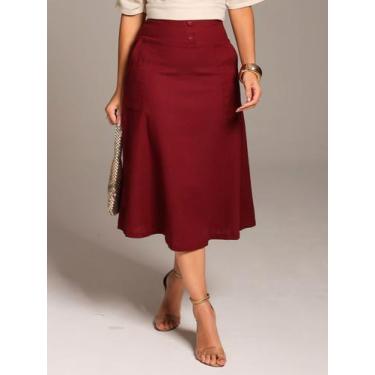 Imagem de Saia Midi de Linho com Caimento Elegante e Botões Forrados - Própria, 