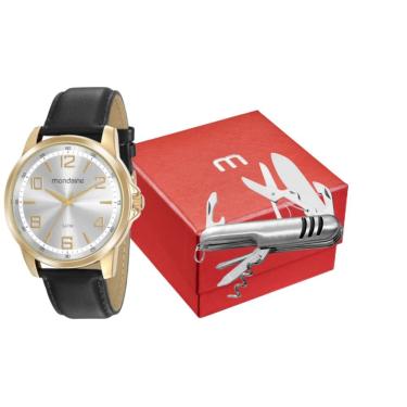 Imagem de Kit Relógio Masculino Canivete Multifuncional Social em Couro Sintético Dourado com Acessório Prático Mondaine