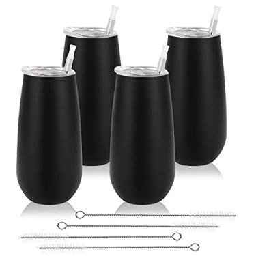 Imagem de Pacote com 4 taças sem haste isoladas, copos reutilizáveis de 177 ml com tampa, taça de vinho ou champanhe sem haste (cor preta)