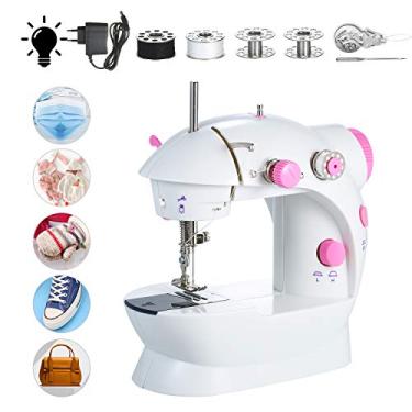 Imagem de KKcare Mini máquina de costura ajustável de 2 velocidades com fio duplo portátil máquina de costura multifuncional elétrica doméstica com luzes e pedal de corte para viagens domésticas máscara facial iniciante faça você mesmo