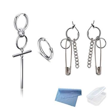 Imagem de XHBTS 4 peças de brincos de pino de segurança de corrente de aço inoxidável prata brincos de argola com cruz de aço inoxidável para mulheres e homens, joias punk com mini pano e mini caixa