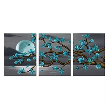 Imagem de CNBPIC 3 Peças Blue Flowers Full Moon Seascape Posters Canvas Sala de Estar decoração
