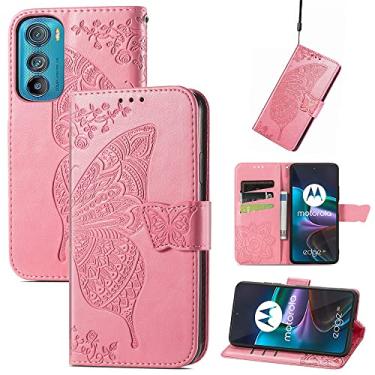 Imagem de Capas de telefone borboleta em relevo compatíveis com Motorola Edge 30 Edge30 capa de couro com slots de cartão fashion clipe de carteira à prova de choque (rosa, Motorola Edge 30)
