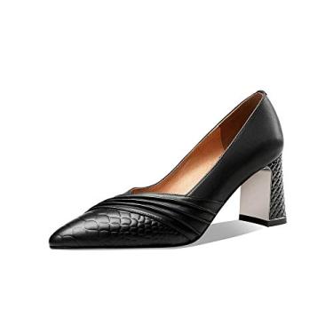 Imagem de TinaCus Sapato feminino de couro genuíno com design de rugas bico fino salto grosso médio, Preto, 8