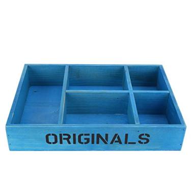 Imagem de Bandeja de armazenamento, bandeja de madeira com acabamento antigo, retangular, 5 grades, caixa de armazenamento (azul)