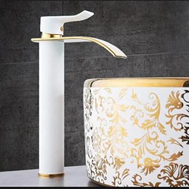 Imagem de Torneira para lavatório Ouro e branco Torneira em cascata Torneira de banheiro em latão Torneira para lavatório Torneira misturadora quente e fria, branco e dourado T, tamanho único