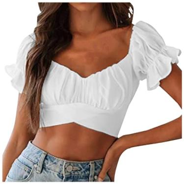 Imagem de Lainuyoah Camisetas femininas modernas cropped sexy 2024 primavera camisetas de trabalho manga bufante crop top tie up off shoulder shirt, A - Branco, G