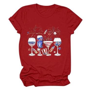 Imagem de Camiseta feminina com a bandeira americana 4 de julho com estampa de vinho, manga curta, patriótica, gola redonda, Vermelho, M