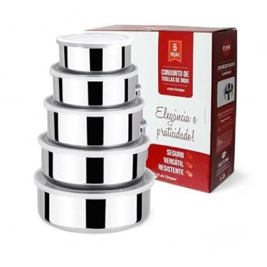Imagem de Jogo de Tijelas Potes Bowls de Aço Inox com Tampa para Armazenar Alimentos 5 Unidades