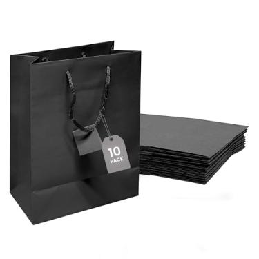 Imagem de Novel Box® Bolsa de presente de papel preto fosco laminado Euro pacote de 20 x 10 x 25 cm (10 unidades) + pano de limpeza NB
