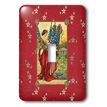 Imagem de 3dRose lsp_192588_1 Visual de cartão postal vintage, senhora com bandeiras americanas com estrelas douradas - interruptor único, multicolorido