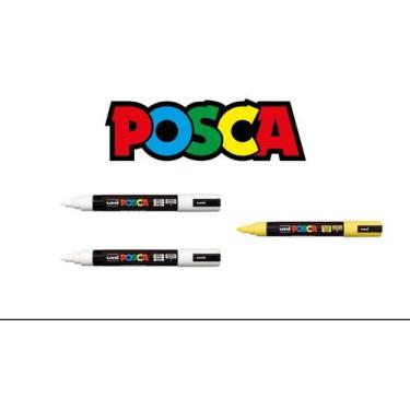 Imagem de Kit 3 Caneta Posca PC-5M - 2 Brancas e 1 Amarelo - UNI