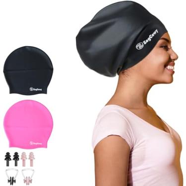 Imagem de Touca de natação feminina extra grande para tranças e dreadlocks, touca de natação de silicone para manter o cabelo seco para extensões de cabelo longo, touca de banho à prova d'água, 2 unidades