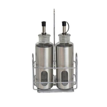 Imagem de Galheteiro 3 Pçs Vidro e Aço Inox Azeiteiro Vinagreiro C/suporte - Kit
