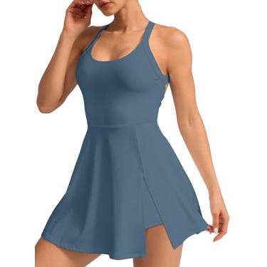 Imagem de Vestido esportivo feminino de tênis – Shorts embutidos com bolsos e sutiã para treino esportivo de golfe, Azul, PP