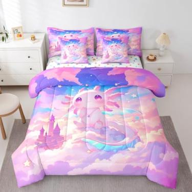 Imagem de Feelyou Jogo de cama infantil casal com estampa de axolotl, 7 peças, nuvem de galáxia, desenho animado, animal, para meninos e meninas, 7 peças