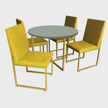 Imagem de Kit Mesa de Jantar Theo com 4 Cadeiras Sttan Ferro Dourado Tampo Verde Oliva Corino Amarelo - Ahz Móveis