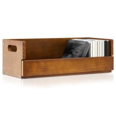Imagem de CroBlissful 1 conjunto de suporte de caixa de armazenamento de CD de madeira, prateleiras de fita cassete com alças de transporte, prateleira organizadora para capas de filmes, DVDs, cada conjunto