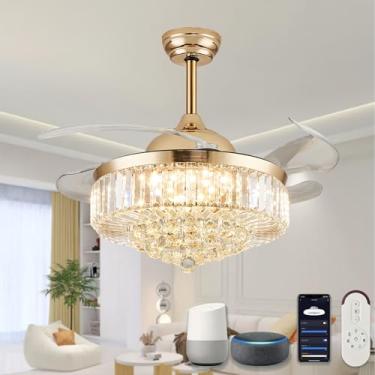 Imagem de DuMaiWay Ventilador De Teto Inteligente Golden Alexa De 48" Com Luz E Controle Remoto Fandelier Wifi, Lustre De Cristal Moderno, Ventilador Retrátil E Regulável Para Quarto E Sala De Estar