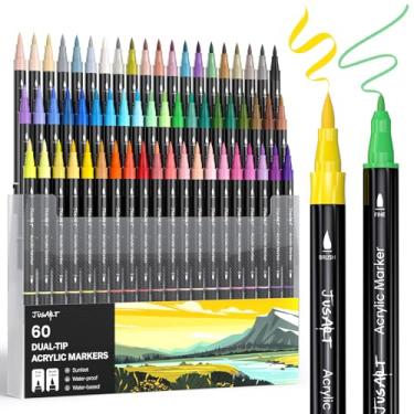 Imagem de JusArt Marcadores de tinta acrílica de ponta dupla de 60 cores, pincel e ponta fina, canetas de tinta premium para madeira, tela, ovo, pedra, tecido, pedras, metal, vidro, cerâmica, artesanato faça