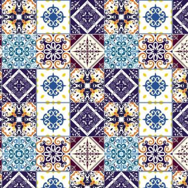 Imagem de Papel De Parede Azulejo Tons Azul Laranja Cozinha Lavatório