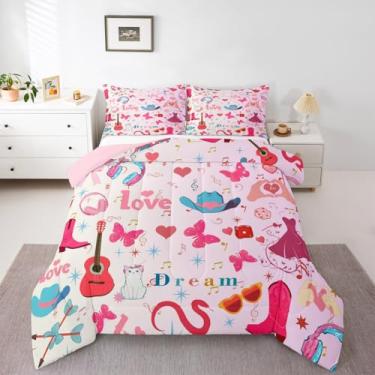 Imagem de Erosebridal Jogo de cama casal com notas musicais, fones de ouvido de guitarra, para meninas, mulheres e crianças, conjunto de cama com tema musical de bola de discoteca, rosa, 2 fronhas, decoração de