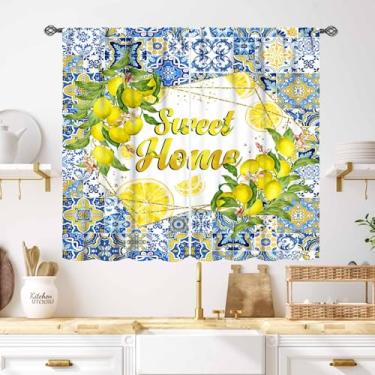 Imagem de Cortinas de cozinha de limão, azulejos azuis retrô, limão, campo, verão, folhas de fruta, floral, rústica, cortinas de janela, tratamentos para sala de estar, quarto, banheiro, 2 painéis, 139 x 99 cm