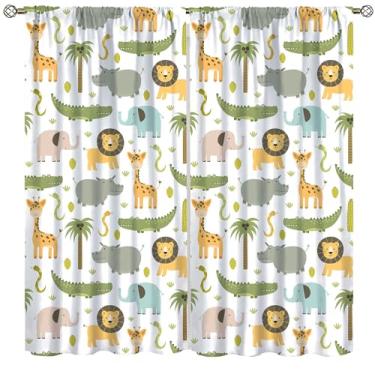 Imagem de AAVEUP Cortinas de animais de safári para crianças, berçário, aquarela, leão, girafa, elefante, animais fofos, tratamentos de janela para bebês, meninos, meninas, quarto, sala de estar, 106,7 x 114,3