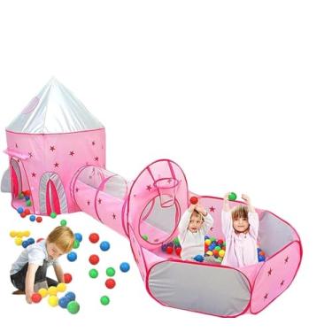 Imagem de Tenda Infantil Espacial 3 em 1 com Túnel e Piscina de Bolinhas, Rosa com Estrelas, Tenda de Brincar para Crianças