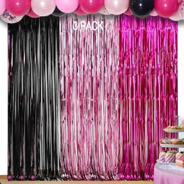 Imagem de EUFARS Decorações de aniversário rosa e preto – Pacote com 3 cortinas de 1 x 2,5 m preto e rosa fúcsia com franja para decoração de festa de aniversário para meninas e mulheres
