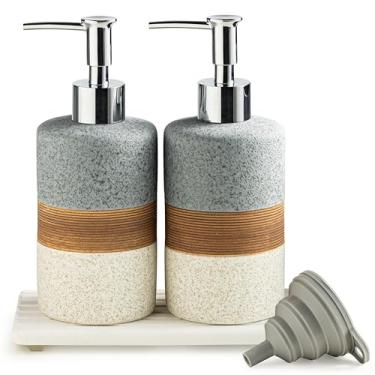 Imagem de Cormomu Conjunto de dispensador de sabão de cerâmica (pacote com 2) – Sabonete para as mãos, sabonete, xampu e dispensador de sabão de chuveiro para banheiro e cozinha, bomba de aço inoxidável, inclui