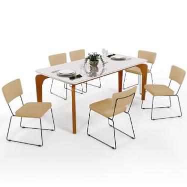 Imagem de Mesa De Jantar Capri 160cm Off White Nature Com 6 Cadeiras Allana B05 Linho Bege Escuro - Lyam Decor