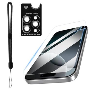 Imagem de Korecase Protetor de lente de câmera para iPhone 16 Pro e protetor de tela [6,3 polegadas] [à prova de estilhaçamento de grau militar] com alça de cordão de telefone, vidro temperado HD, cobertura de